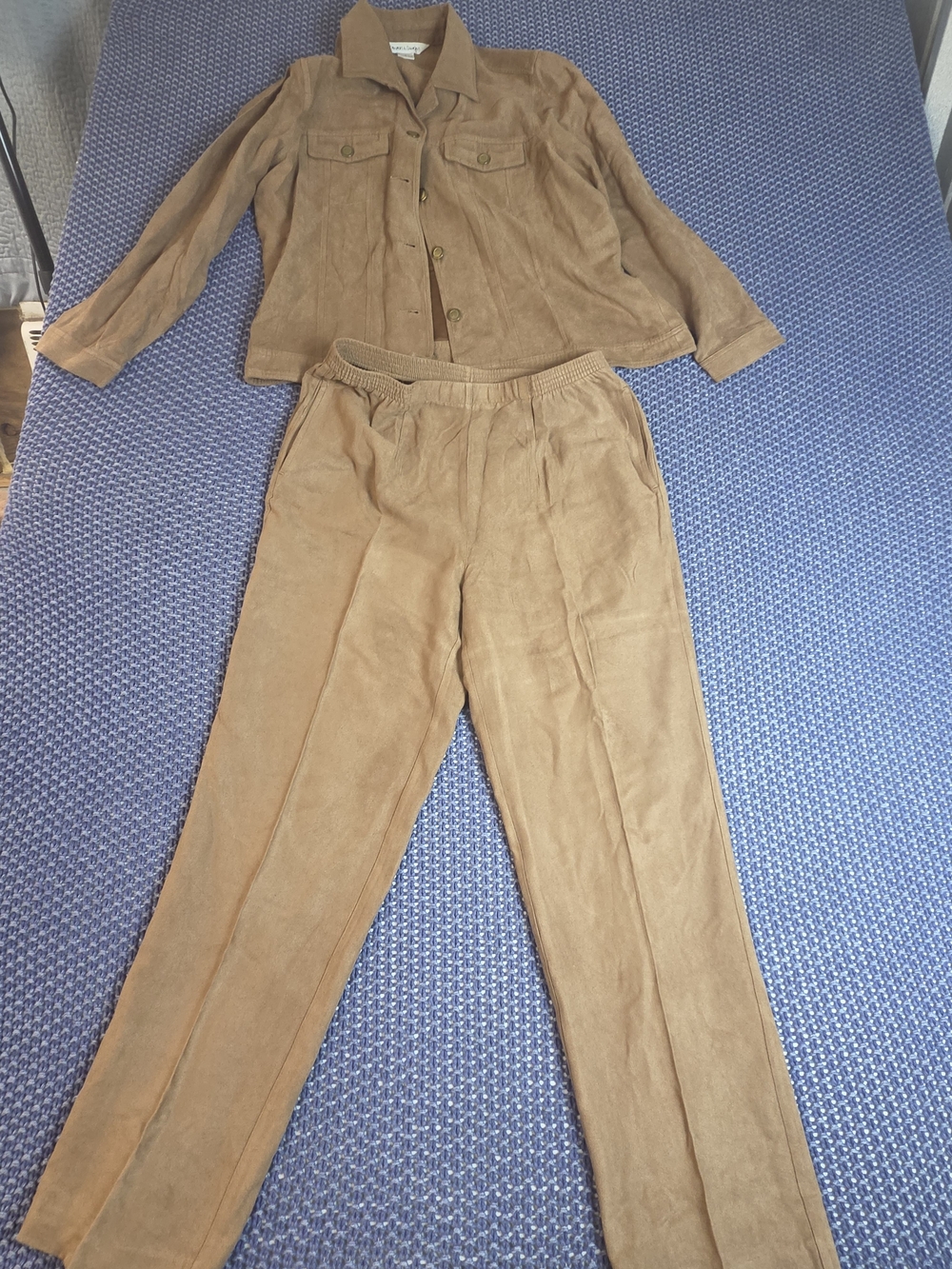 Vintage Pantsuit Suede-Look Elastic Waist Trousers and Shirt Set - Tan #0356